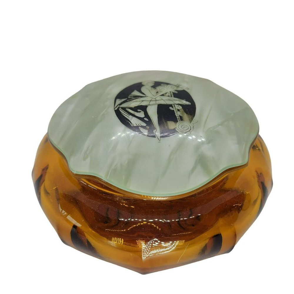 Vintage Art Deco Power Jar Amber Glass Green Ballerina Pearlized Celluloid Lid